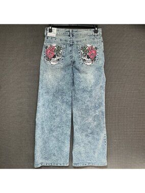 Telepatía Mid Rise Wide Leg Woman's Jeans W/ Floral Skull Pockets Size 15/32